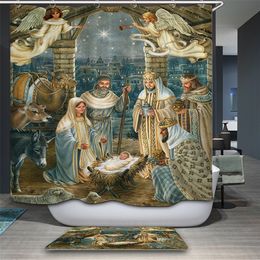 Jesus Birth Europe oil Painting Print Waterproof Shower Curtain Thicken Polyester Fabric Bath Curtain for Bathroom with 12 Hooks T200711