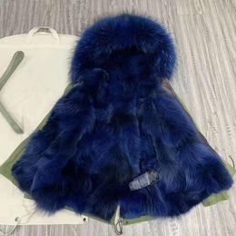 Beauitful Women warm coats mukla furs brand blue fox fur liner army green mini jackets snow winter parka with blue raccoon fur trim