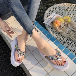 Fashion- Sandals beaded diamonds flip-flops female sandals slippers 2019 summer new wedges women shoes