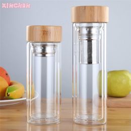 350ml 450ml Dink Tea with Infuser Bamboo Lid Double Wall Bottle for Glass Water Bottles for Water Brief Portable Outdoor Cup 201221