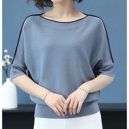 Loose Autumn Half Sleeve Female Pullover Sweater Casual Blue Tops Women Plus Size Knitted Korea Sweaters Ladies Thin Pull Top 201120