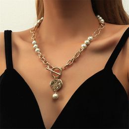 Punk Goth Gold Colour Pearl Chain Necklace for Women Wedding Bridal OT Buckle Ball Coin Pendant Neck Jewellery Accessories