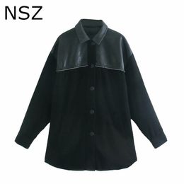 NSZ women black pu faux leather patchwork corduroy beaded oversized jacket fall fashion big loose coat long sleeve outerwear 201029