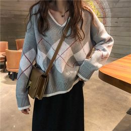 Hzirip All-Match Loose Office Ladies Patchwork Argyle Full-Sleeved Preppy Chic Pullovers Autumn Casual V-Neck Knitted Sweaters T200815