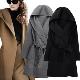 New Winter Women Wool Coat Long Sleeve Two Sides Wear Belted Loose Warm Woollen Jacket Hooded Outerwear LJ201106
