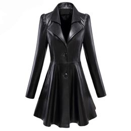 Nerazzurri Fit and flare faux leather coat notched lapel long sleeve puff sleeve Skirted black plus size leather blazer slim fit 201124