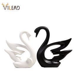 VILEAD 2Pcs/Set Ceramic Couple Swans Figurines Nordic Black White Ornaments Wedding Gifts Creative Living Room Decor 201201