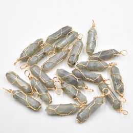 Gold Wire Natural Stone Labradorite Charms Hexagonal Healing Reiki Point Pendants for Jewelry Making