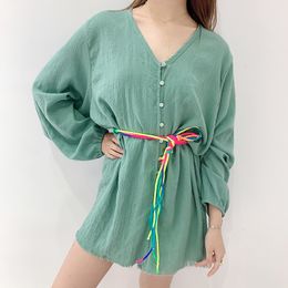 Korea Style Belt Long Sleeve Loose Jumpsuit Full Shorts Girl Female Women Solid Colour Vintage Cotton Linen JH44 T200704