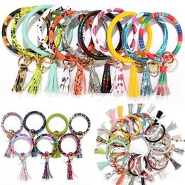 Fedex PU Leather Bracelet Keychain Sunflower Leopard Wristlet Key Ring Tassel Bangle Keychain Pendant Party Favour