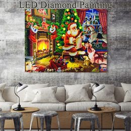HUACAN Christmas Diamond Painting LED Light Diamond Mosaic Santa Claus Diamond Embroidery Round Drill With Frame 40x50cm 201202