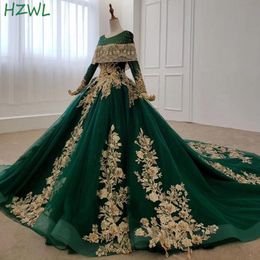 Dubai Dark Green Evening Gowns Gold Flora Appliques Long Sleeves A Line Prom Dresses Saudi Arabia Sweep Train Robe De Soiree