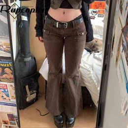Rapcopter Y2K Brown Flare Jeans Solid Pockets Kawaii Trousers Low Waisted Aesthetic Grunge Fairycore Joggers Women Casual Basic Y220311