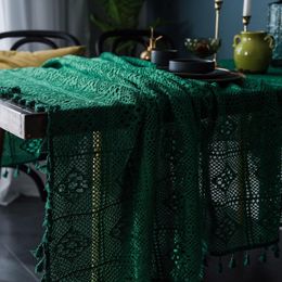 Green Openwork Table Cloth handmade knitting Tassel Cotton Tablecloth Dining Round Table Cover American country style Home Decor T200707