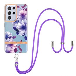 Fashion Crossbody Flower Cases For Samsung A23 A73 A53 A33 5G S22 Ultra S21 Plus Iphone 13 Pro Max 12 11 Chrome Metallic Soft TPU Blossom Phone Cover Shoulder Lanyard