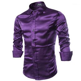 Wholesale- New Men Shirt Long Sleeve Chemise Homme 2016 Fashion Design Purple Mens Silk Shirt Slim Tuxedo Dress Shirts Camisa Social1