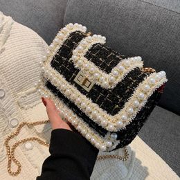 Evening Bags Pearl Flap Crossbody Bag 2024 Winter Quality Woolen Cloth Women's Designer Handbag Chain Shoulder Messenger Phone Purses