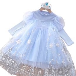 Girls Cartoon Dress 2022 Fall Fashion Fro z en E l s a Princess Dresses Kids Long Sleeve Mesh Costume Crown+Magic Wand Girl Clothes