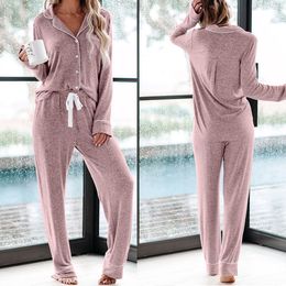 Long Sleeve V Neck Women Pajama Set Sleeping Travel Adult Home Soft Drawstring Closure Button Down Loungewear Trousers Two Piece T200707