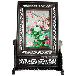 Chinese Office Desk Accessories Decorations Home Decor Ornaments Silk Hand Embroidery Patterns Works with Wenge Wooden Frame Wedding Gift