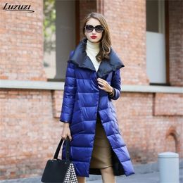 Luzuzi Women Double Sided Down Long Jacket Winter Turtleneck White Duck Down Coat Double Breasted Warm Parkas Female Outerwear 201209