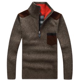 New Winter Mens Pullover Knitted Sweater Male Wool Fleece Thick Casual Pullover Patchwork Warm Pocket Sweater Standing Collar 201104