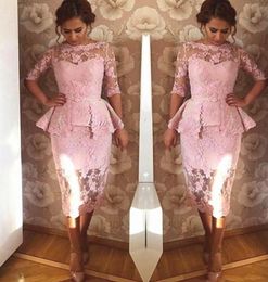 Tea Length Pink Colour Prom Dress Half Sleeves with Peplum Cocktail Party Special Occasion Gown Custom Made