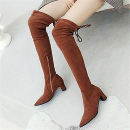 Women Boots Winter Knee High Boots Zipper Square High Heel Long Pointed Toe Shoes Ladies Fall Big Size 32-431
