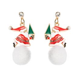 Lovely Christmas Santa Claus Dangle Earrings Vintage Big Fur Ball Rhinestone Drop Earrings Christmas Gift for Girls
