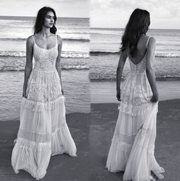 Sexy Spaghetti Beach Wedding Dresses Bridal Gowns Spaghetti Straps Backless Sleeveless Summer Boho Bride Dress Lace Appliques 2023 Vestidos de novia