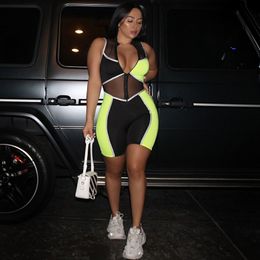 Sexy Mesh JUMPSUIT Neon Patchwork Rompers Sleeveless Short Playsuit Night Club Outfit Block Color Combishort Bodysuits Plus Size T200704