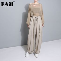 [EAM] New Spring High Waist Drawstring Loose Big Size Long Wasy Wearing Wide Leg Pants Women Trousers Fashion JF545 201228