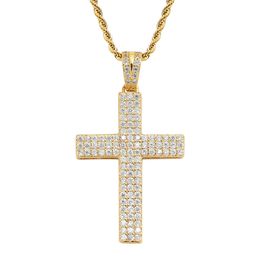 Yellow Gold Plated Bling CZ Diamond Stone Cross Pendant with 24inch Rope Chain for Men Women Hot Gift