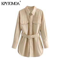 KPYTOMOA Women Fashion PU Faux Leather With Belt Jacket Coat Vintage Long Sleeve Side Vents Female Outerwear Chic Tops 201226