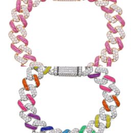 Summer hot selling colorful jewelry Neon rainbow enamel Ice out cz 11mm Miami cuban link chain women bracelet J1211