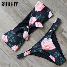 Floral Bikini Swimwear Women Swimsuit Brazilian Bikini Set Bathing Suit Strapless Beachwear Padded Swimsuit Swimwear T200508