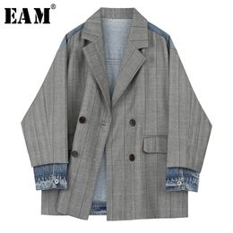 [EAM] Women Grey Plaid Back Denim Big Size Blazer New Lapel Long Sleeve Loose Fit Jacket Fashion Tide Spring Autumn 1X216 201201