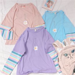 Candy Colour Mori Girl Flower Embroidery Hoodies Rainbow Stripe Long Sleeve Ptachwork Pullover False two pieces Student Tops LJ201103