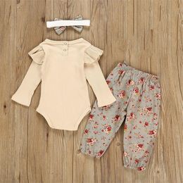 Newborn Girl Clothes Autumn Baby Girls Clothing Set Long Sleeve Romper +Floral Pants +Headband Outfits Toddler Clothes LJ201223