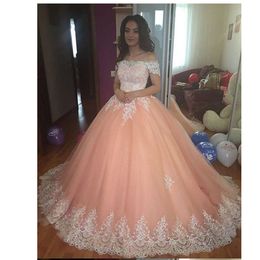 Stunning Off Shoulder Applique Lacework Neckline and Hemline Peach Tulle Puffy Quinceanera Dress Prom Ball Gown