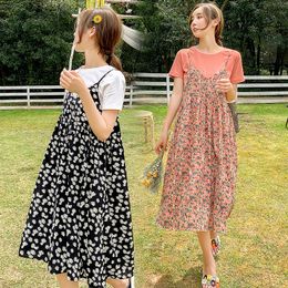 2024T shirt + Dress Maternity Clothes Loose Stylish Short Sleeves Floral Dress for Pregnant Women Mom Dress LJ201125