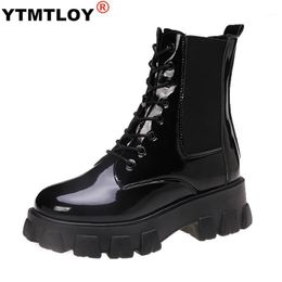 Women Boots Patent Leather Ankle Shoes Winter Autumn Thick Bottom Platform Lace up Ladies Woman New Shoe Female High Heels1