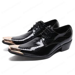 Alligator Pattern High Heels Man Formal Dress Party Shoes Patent Leather Oxfords Metal Toe Men's Wedding Flats