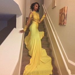 Long Train African Yellow Mermaid Prom Dresses Sexy Illusion Bodice Top High Neck Appliques Lace Long Sleeve Special Occasion Dress Evening