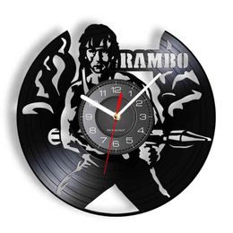 Rambo Movie Inspired Vinyl Music Record Wall Clock Man Cave Decor Soldier John Rambo Portrait Laser Etch Vinyl Disc Craft Clock H1230