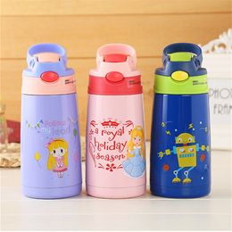 400ml Kids Stainless Steel Thermos Mug With Straw Cartoon Leak-Proof Vacuum Flask Children Thermal Bottle Thermocup 201109