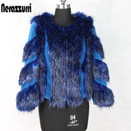 Nerazzurri Inverno volpe e coniglio rex color block patchwork giacca finta blu corto caldo big size cappotto in pelliccia sintetica donna 201110
