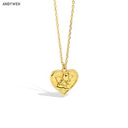 ANDYWEN New 100% 925 Sterling Silver Gold Cupid Eros Love Heart Pendant Necklace long Chain Fashion Women Fine Jewellery Q0531