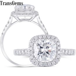 Transgems Centre 2ct Halo Moissanit Engagement Ring 14K 585 White Gold 7.5MM Sqaure Cushion Cut FG Colour Moissanite Ring Wedding Y200620