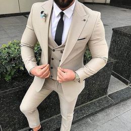 Slim Fit Beige 3 Piece Suit Men Wedding Tuxedos Bridegroom Groomsmen Suits Men Business Party Prom Blazer(Jacket+Pants+ Tie+Vest 201027
